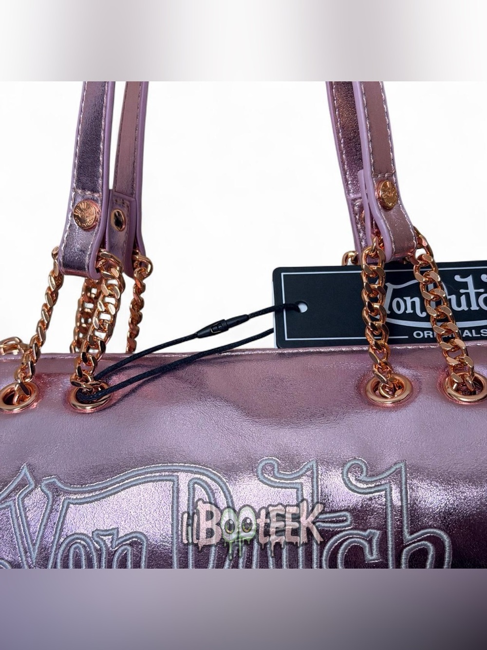 Von Dutch Rose Pink Metallic Barrel Shoulder Bag w Embroidered Logo VIRAL Y2K - Picture 4 of 5